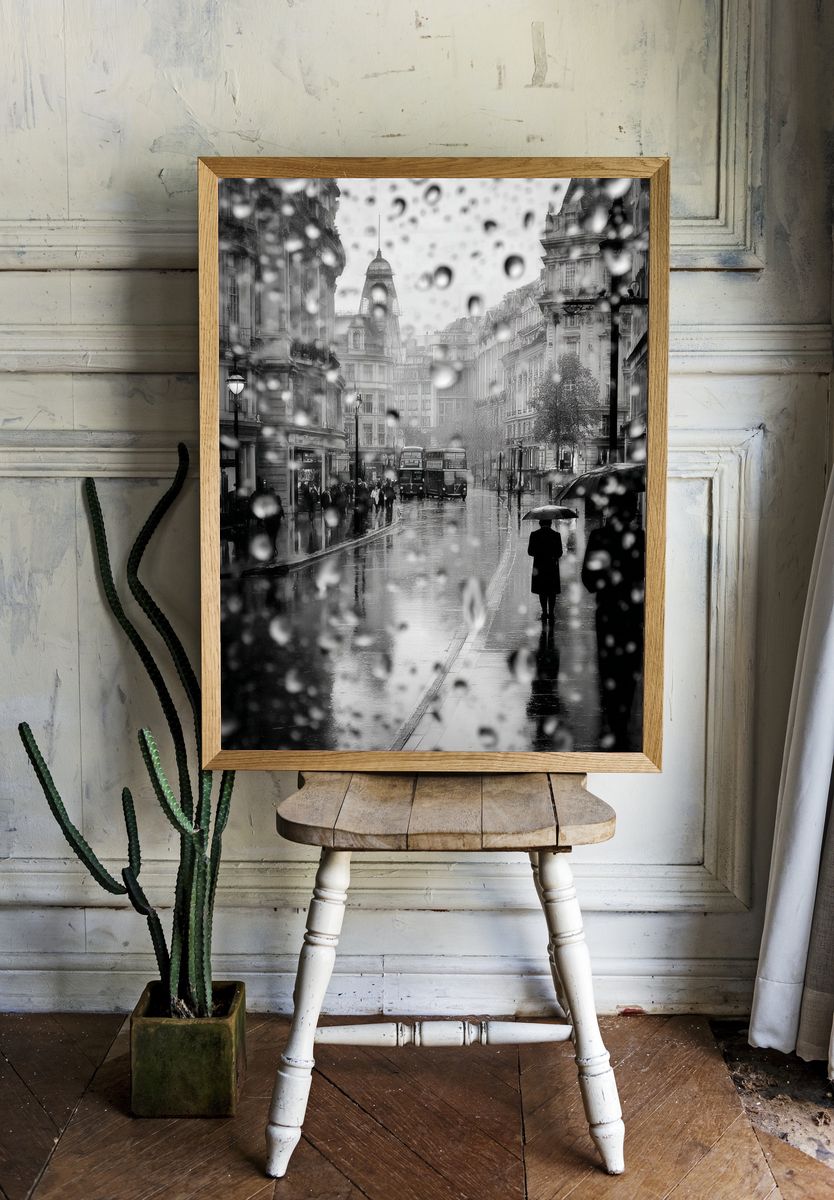 Rainy London Street — Black-White Print. — room view 1