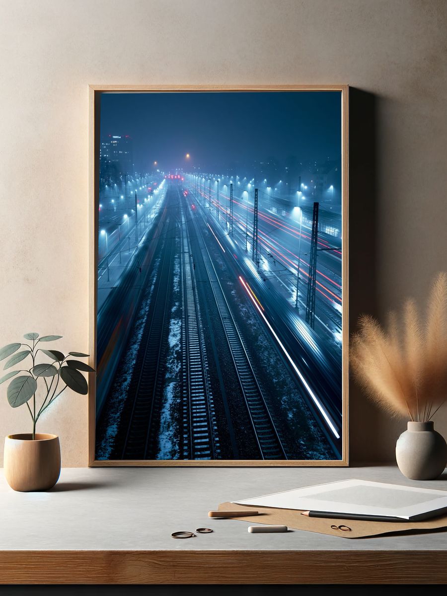 Foggy Railway Nightscape Photography Poster. — room view 2