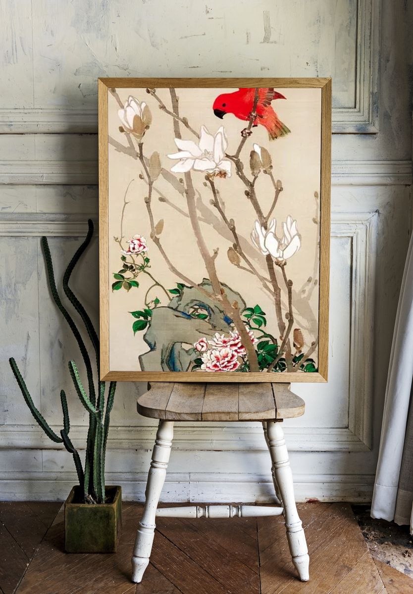 Red Bird and Magnolia Flowers — Fine Art Print. room preview