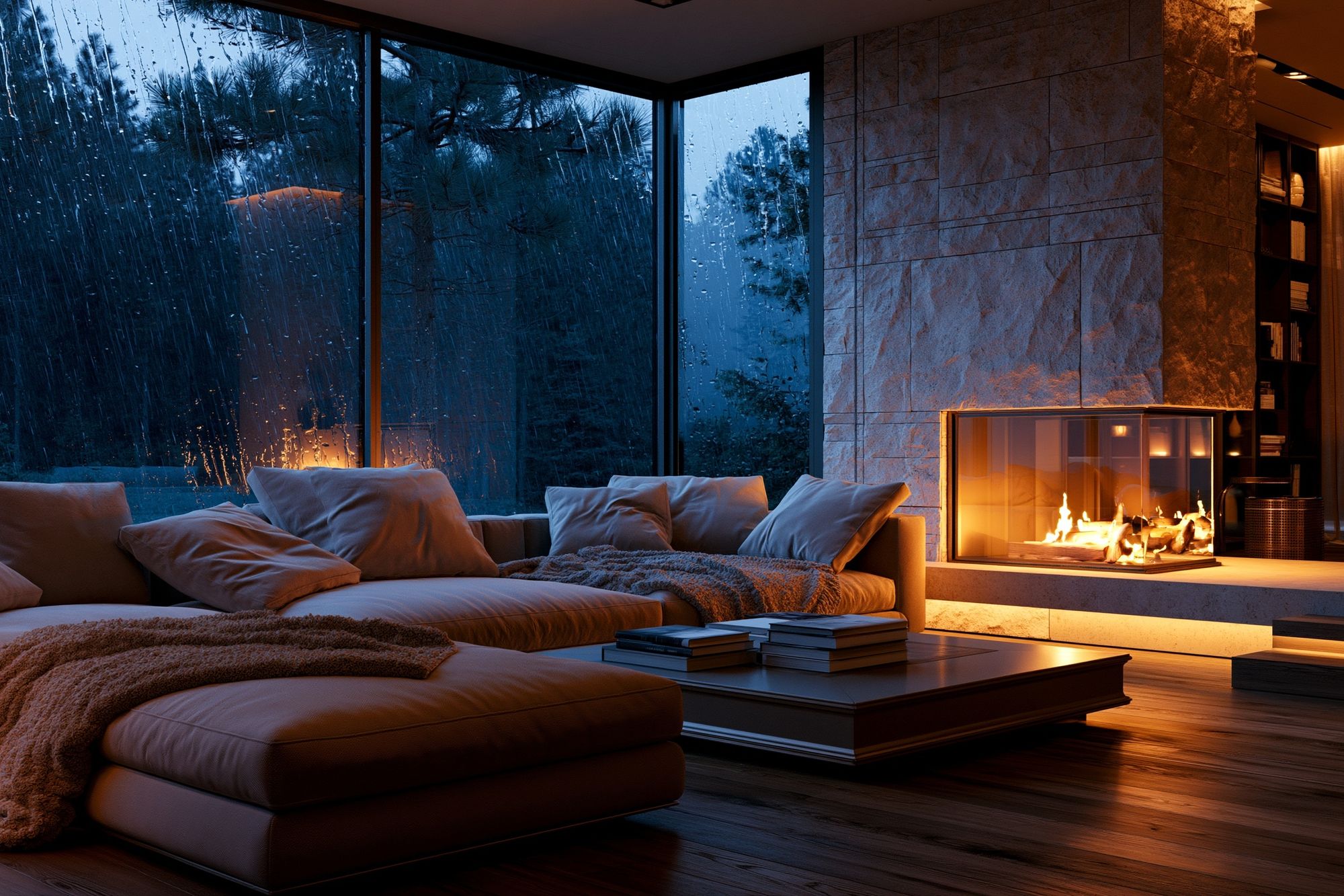 Rainy Modern Fireplace Interior Poster. poster — photography art
