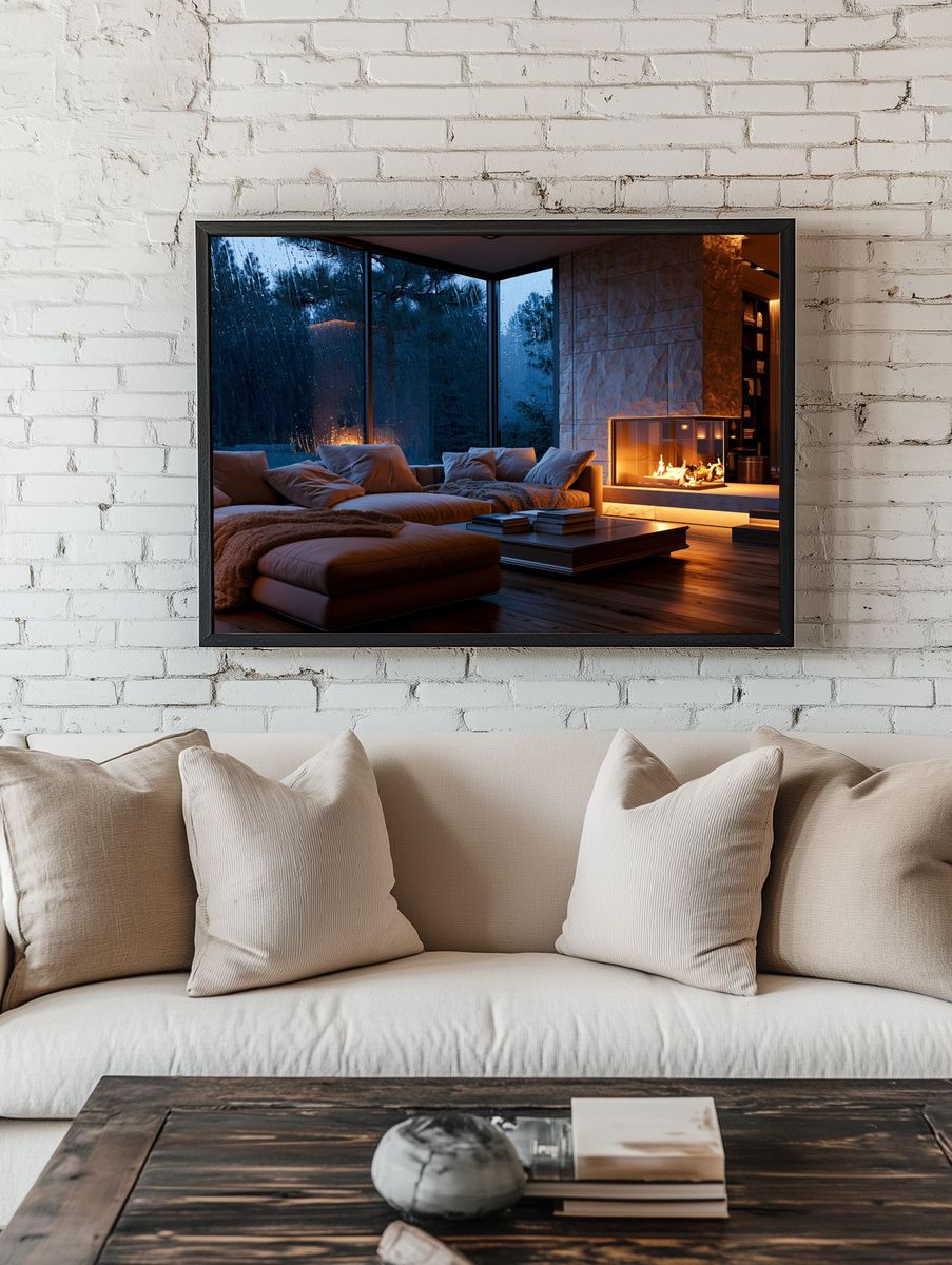 Rainy Modern Fireplace Interior Poster. — room view 1
