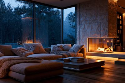Rainy Modern Fireplace Interior Poster.