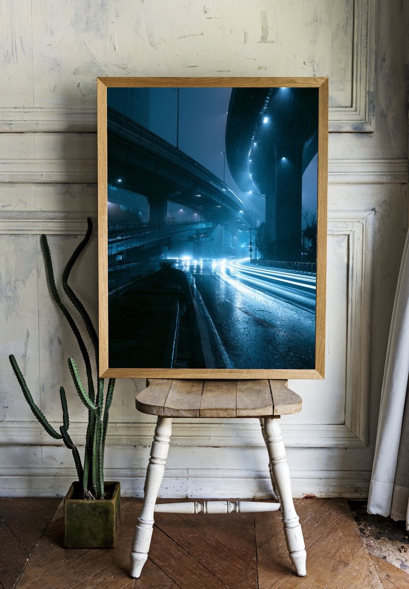 Rainy Overpass Night Photography Poster. — room view 1