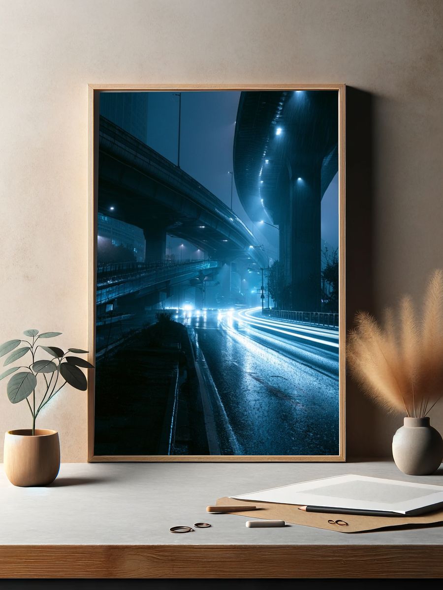 Rainy Overpass Night Photography Poster. — room view 2