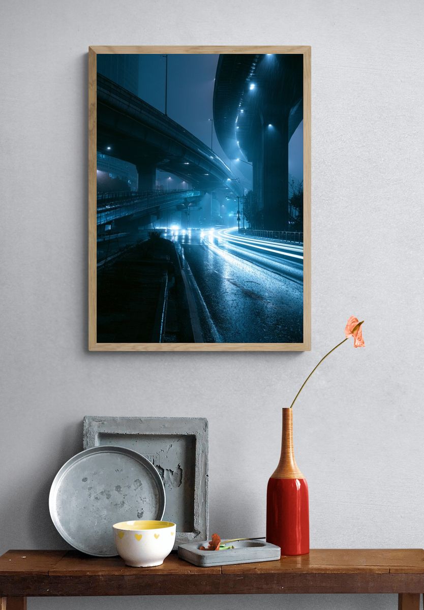 Rainy Overpass Night Photography Poster. — room view 3