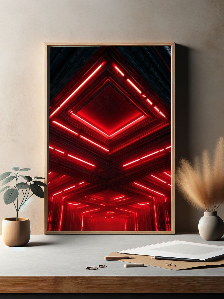 Red Neon Tunnel Abstract Print. — room view 2
