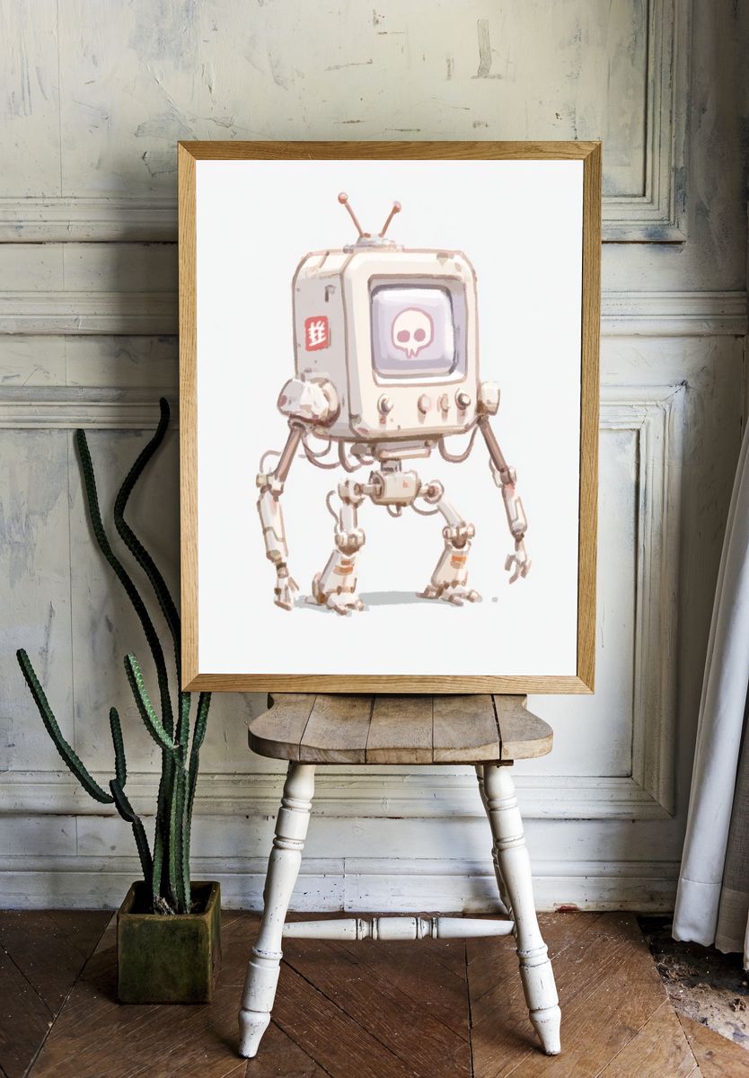 Cute Retro Robot Illustration Poster. room preview