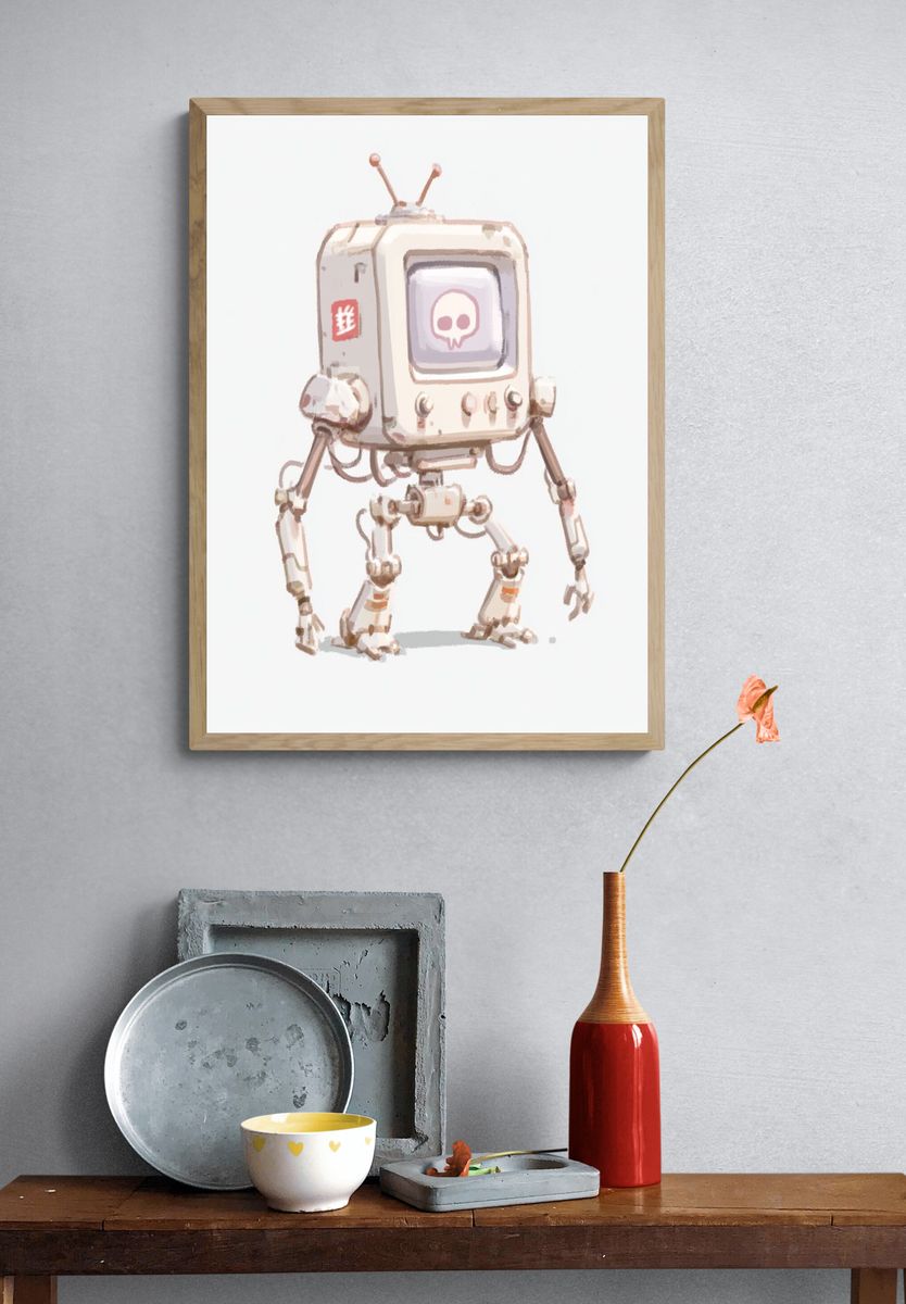 Cute Retro Robot Illustration Poster. — room view 3