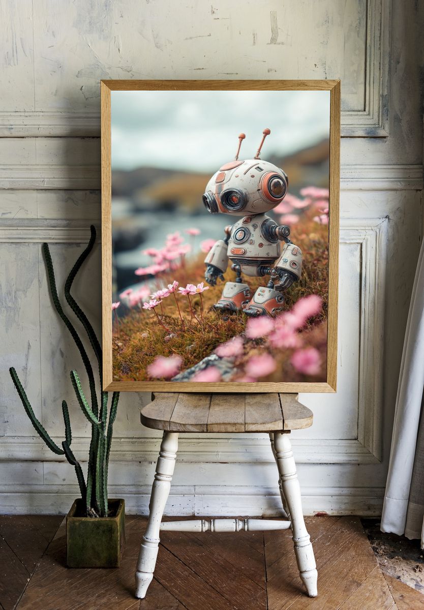 Cute Robot in Blossom Field Print. — room view 1