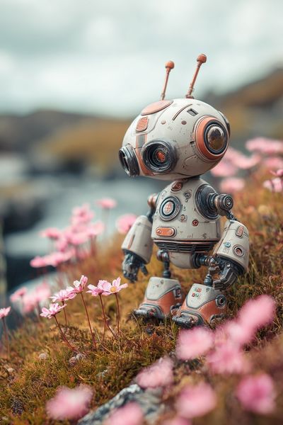 Cute Robot in Blossom Field Print.