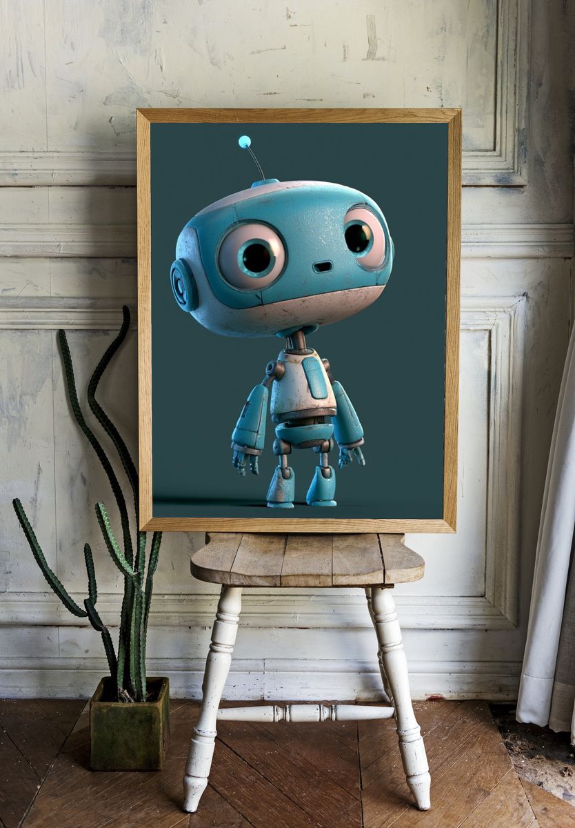 Cute Blue Robot Illustration Poster. — room view 1