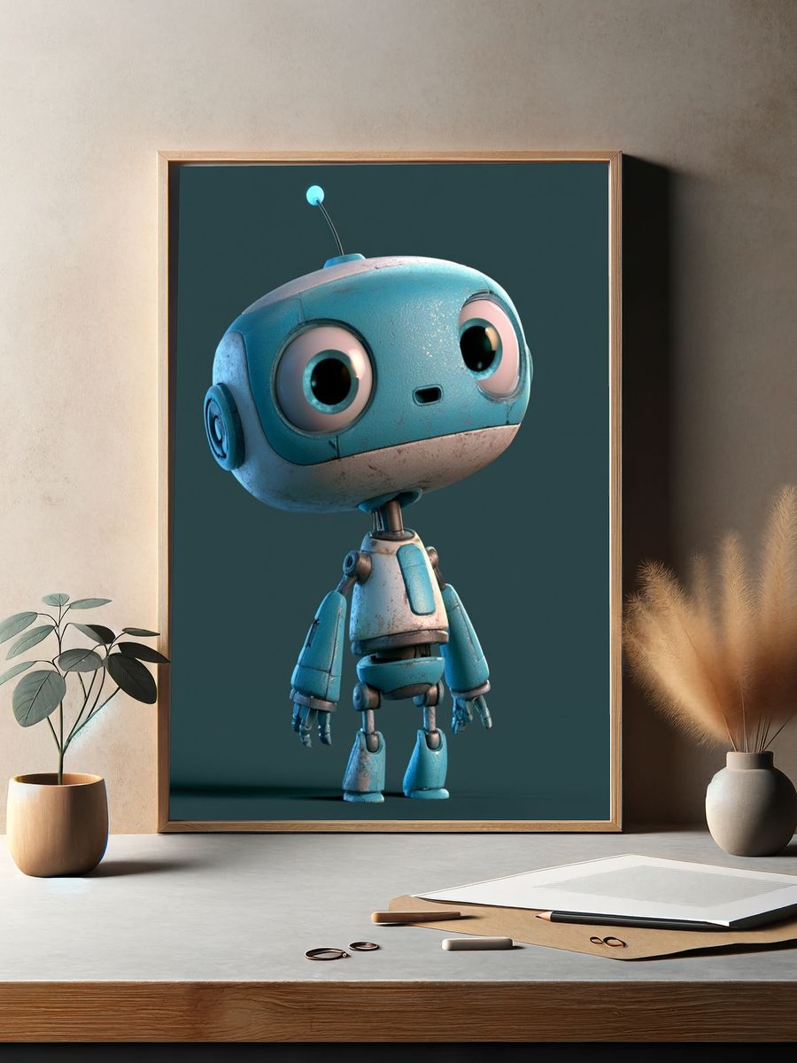 Cute Blue Robot Illustration Poster. — room view 2