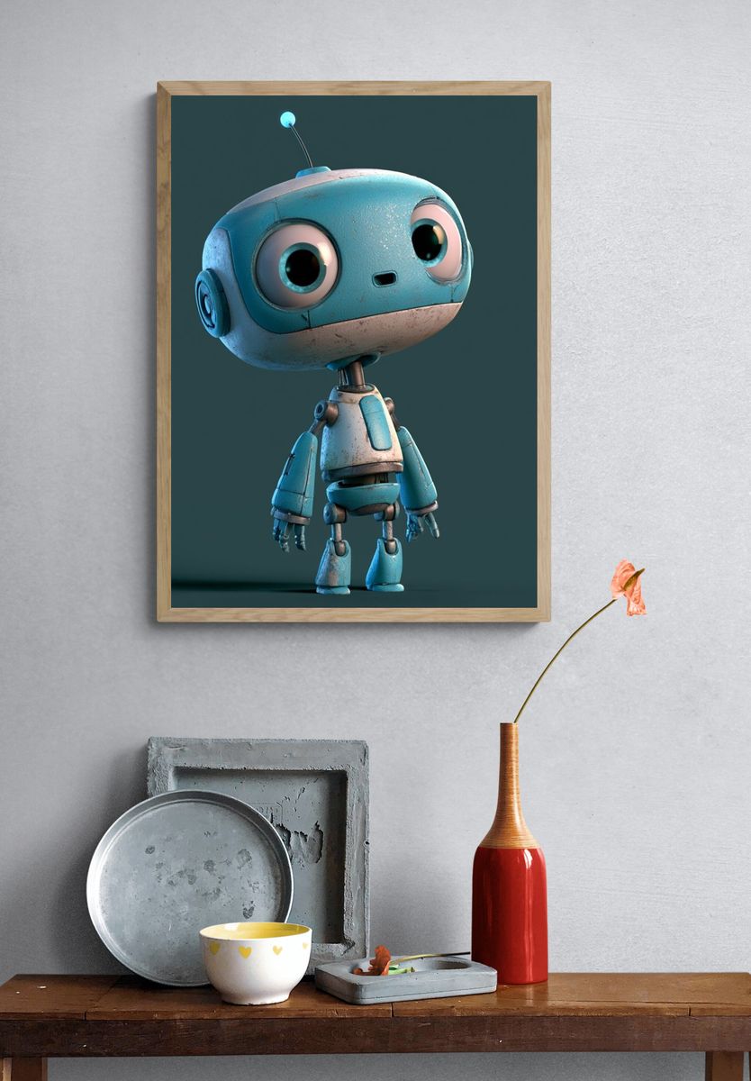 Cute Blue Robot Illustration Poster. — room view 3