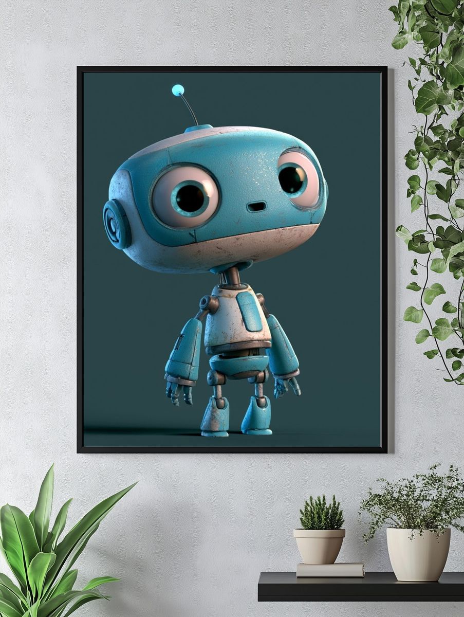 Cute Blue Robot Illustration Poster. — room view 4