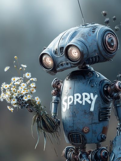 Sprry Robot with Daisies Poster. poster print