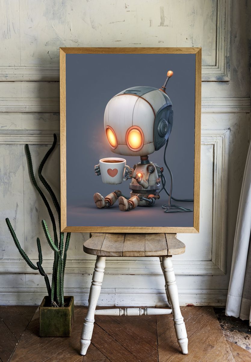 Cute Robot Coffee Break Illustration Poster. room preview