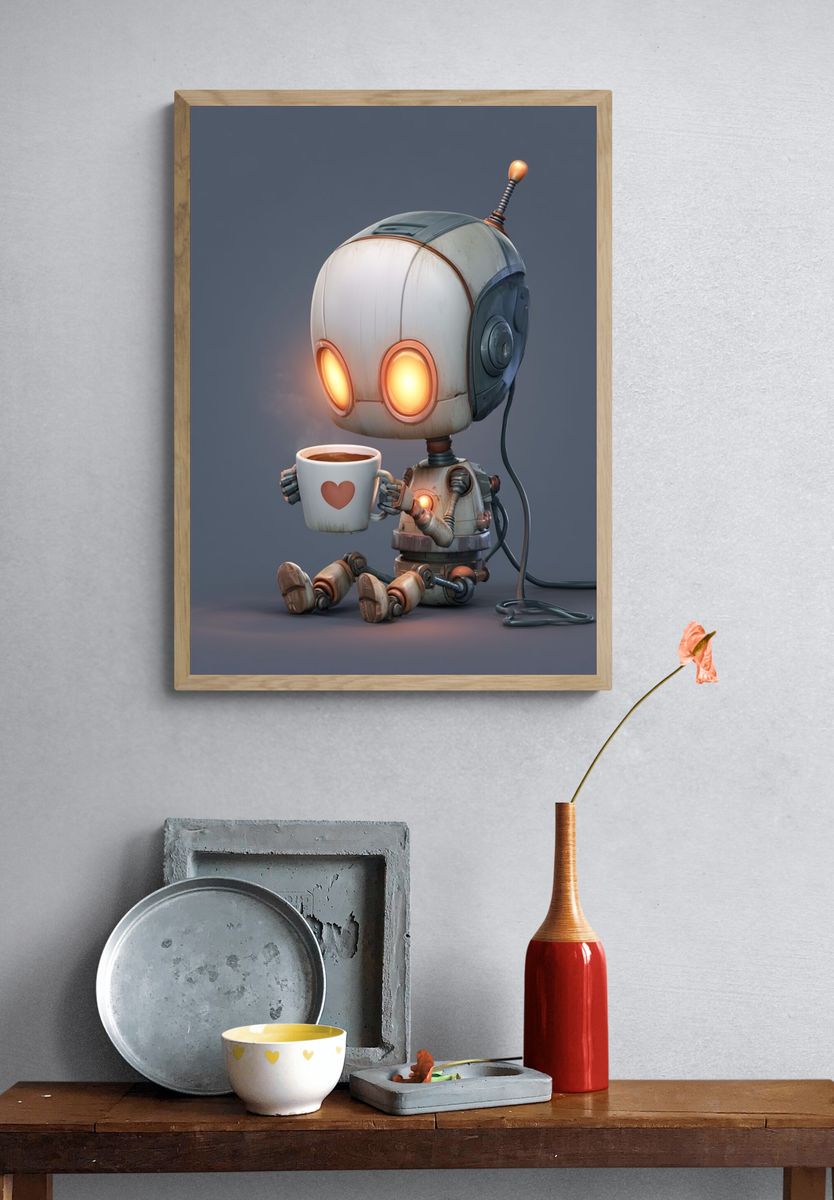 Cute Robot Coffee Break Illustration Poster. — room view 3