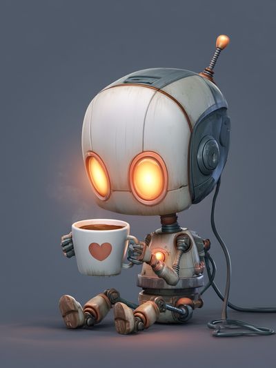 Cute Robot Coffee Break Illustration Poster.