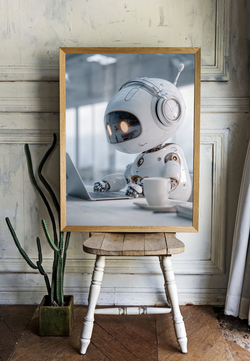 Cute Robot at Laptop — Sci-Fi Print. — room view 1