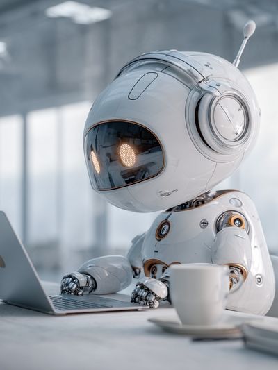 Cute Robot at Laptop — Sci-Fi Print. poster print