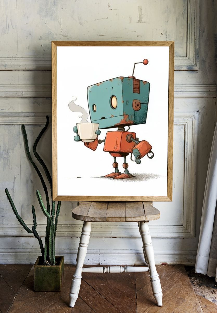 Cute Robot Coffee Illustration Poster. — room view 1