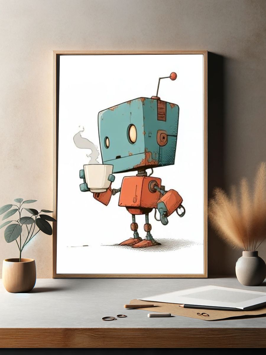 Cute Robot Coffee Illustration Poster. — room view 2