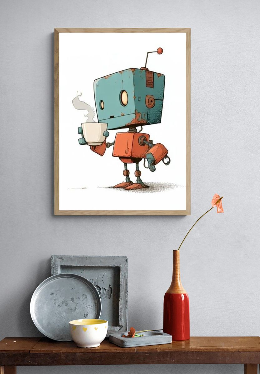 Cute Robot Coffee Illustration Poster. — room view 3