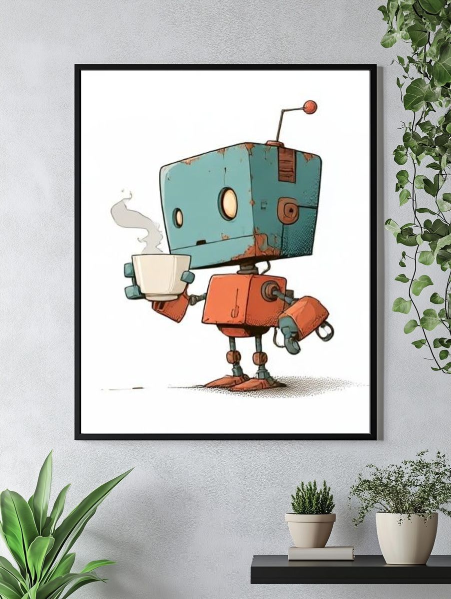 Cute Robot Coffee Illustration Poster. — room view 4