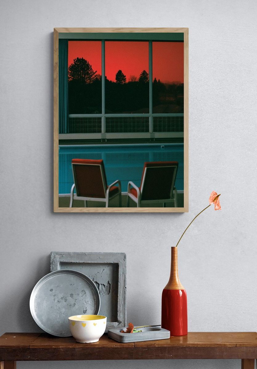 Retro Poolside Sunset Photography Poster. — room view 3