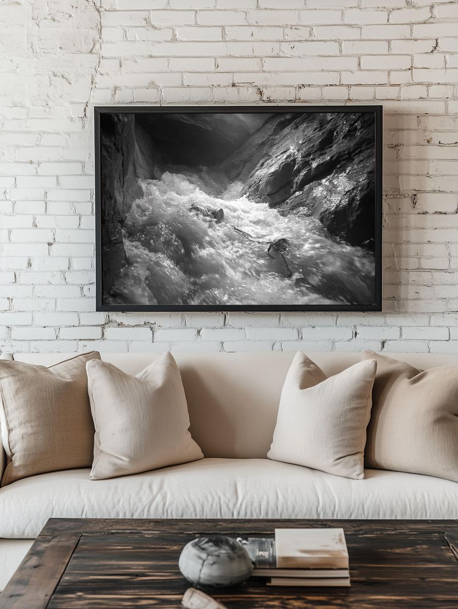 Rushing River Gorge Black-White Print. room preview