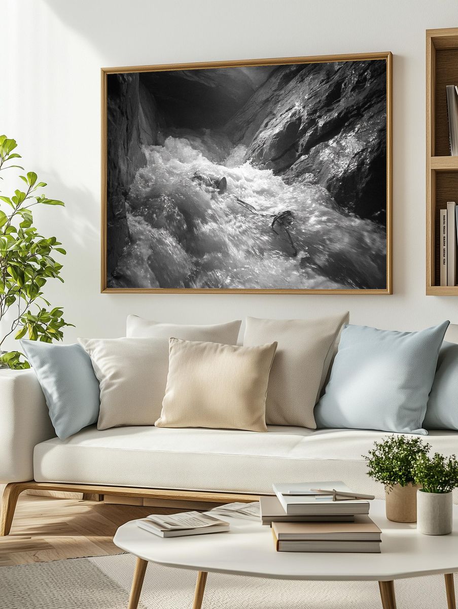 Rushing River Gorge Black-White Print. — room view 2