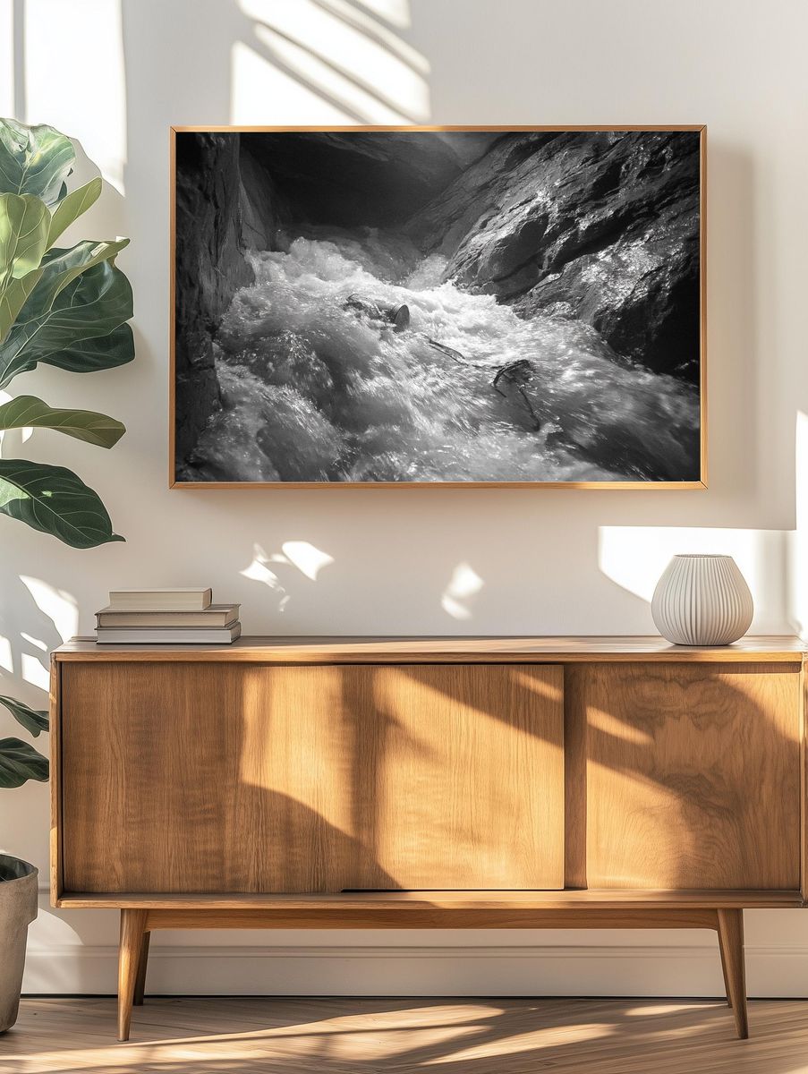 Rushing River Gorge Black-White Print. — room view 3