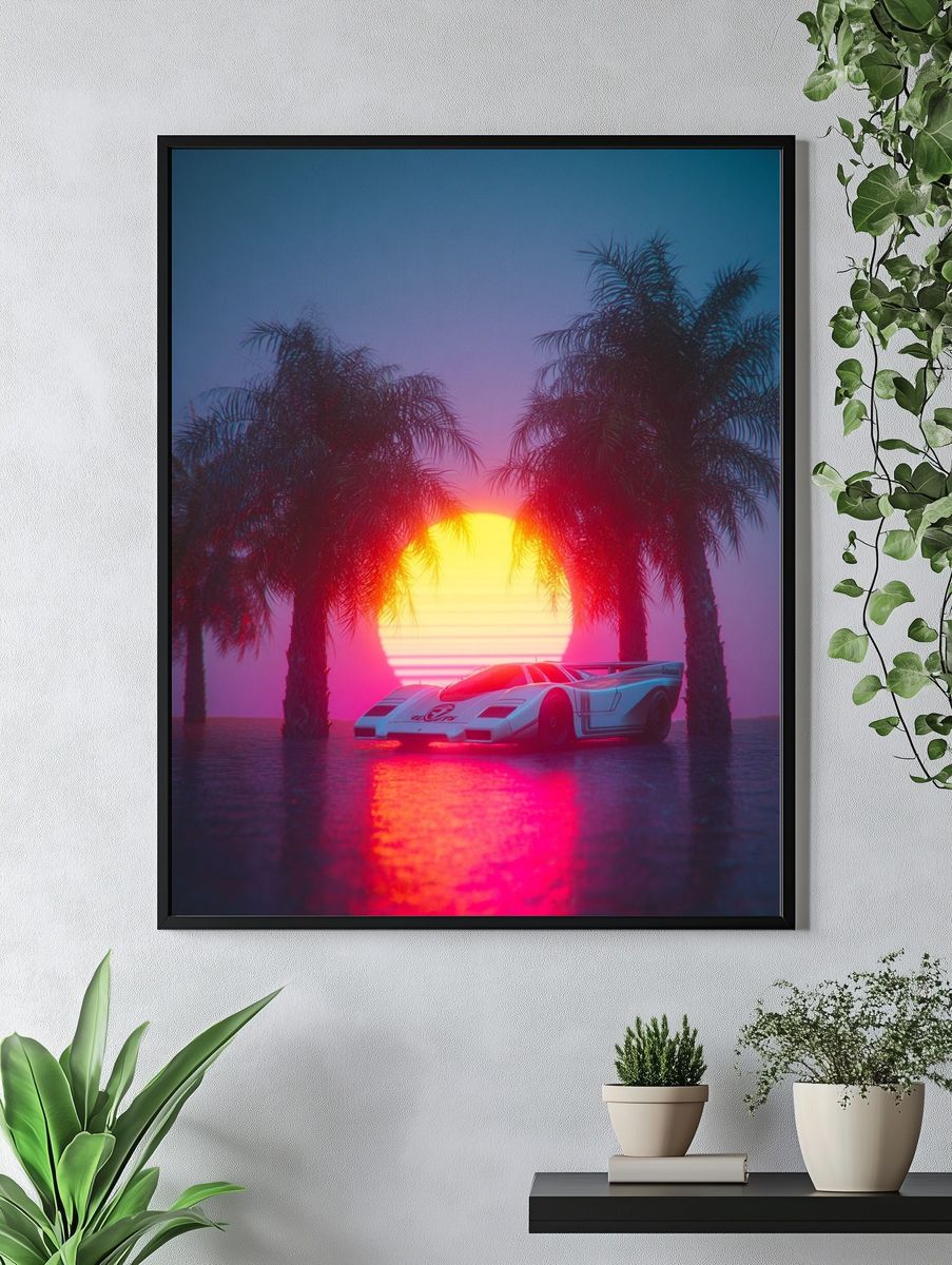 Retro Sports Car at Sunset Poster. — room view 4