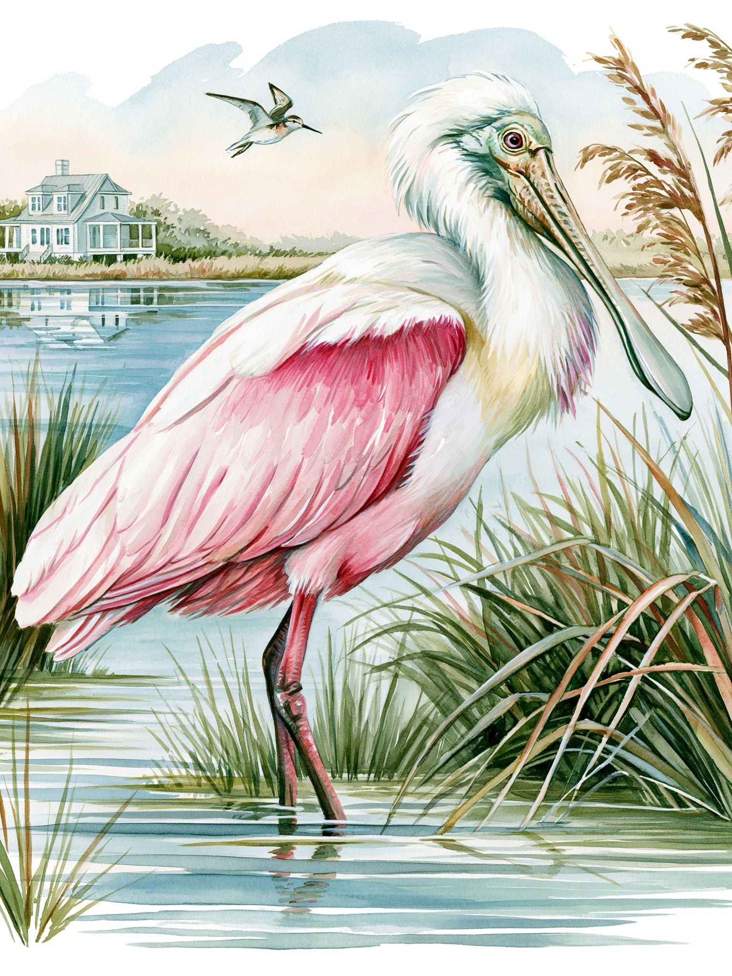 Roseate Spoonbill Marsh Watercolor Poster. poster detail