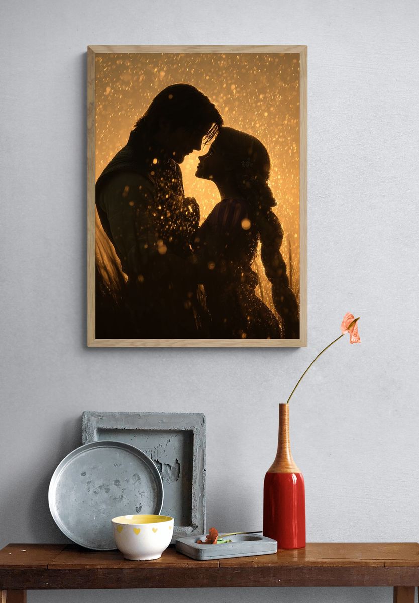 Romantic Silhouette in Rain — Art Print. — room view 3