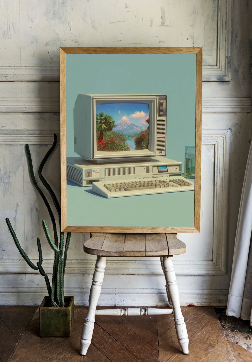 Retro Computer with Scenic Landscape Poster. — room view 1