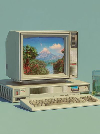 Retro Computer with Scenic Landscape Poster. poster