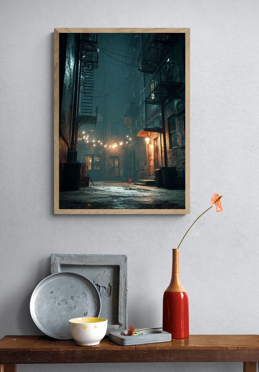 Rainy Urban Alley Photography Poster. — room view 3