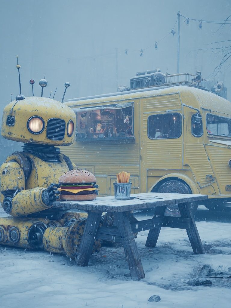 Robot with Burger — Digital Art Print. poster detail
