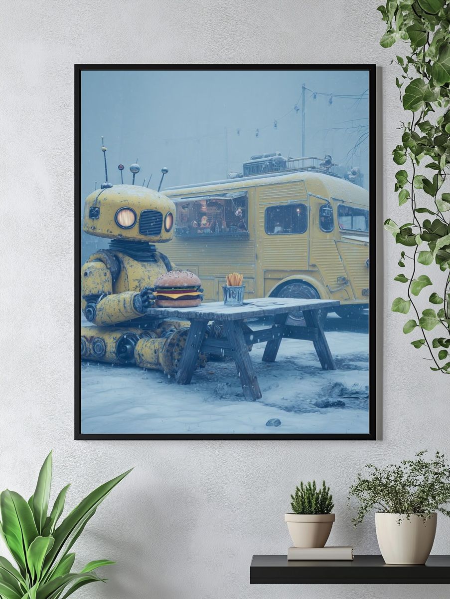 Robot with Burger — Digital Art Print. — room view 4