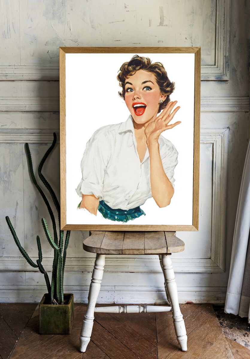 Retro Cheerful Woman — Vintage Print. — room view 1
