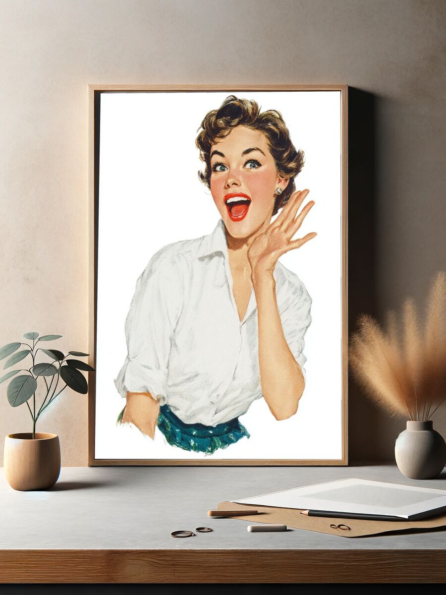Retro Cheerful Woman — Vintage Print. — room view 2