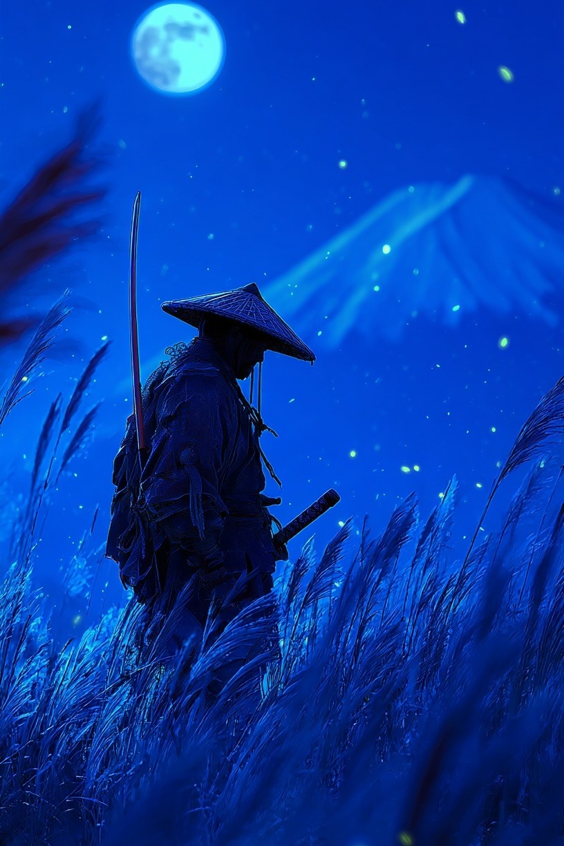 Samurai in Moonlight — Digital Art Print. poster — illustration art
