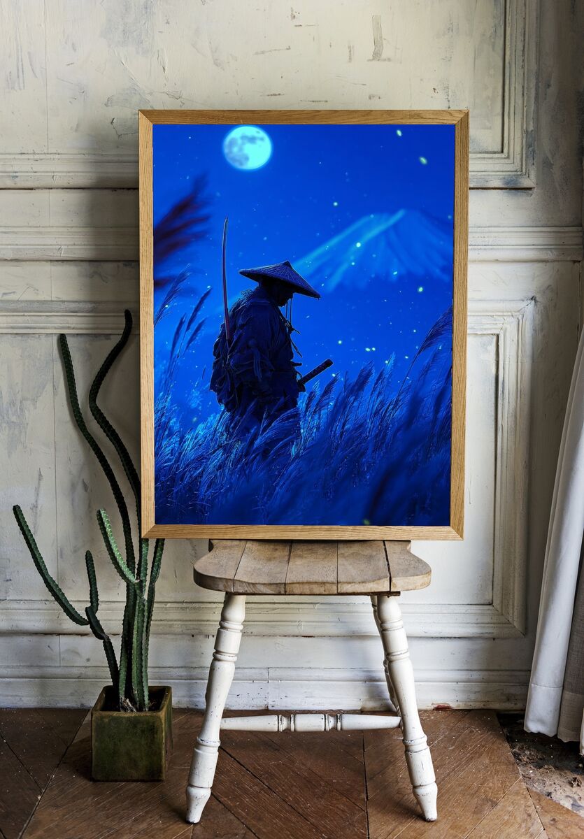 Samurai in Moonlight — Digital Art Print room preview