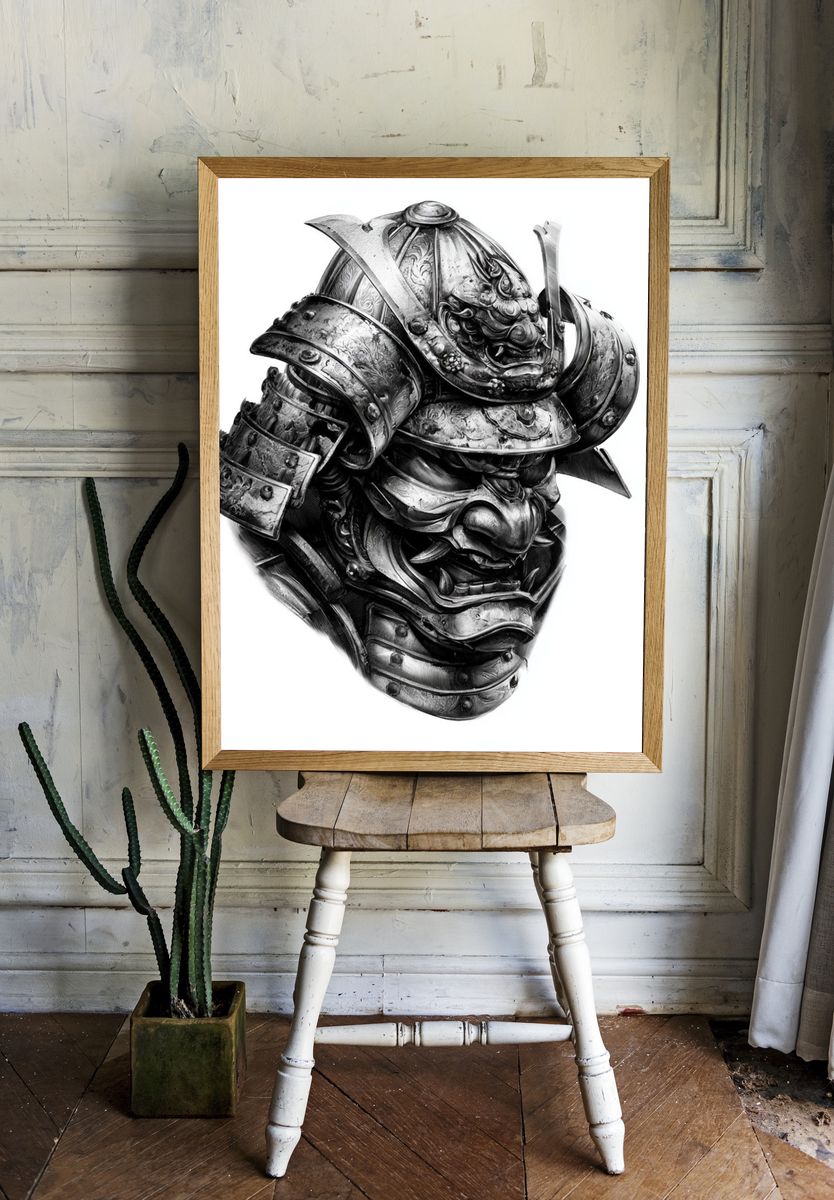 Samurai Helmet — Black-White Print. — room view 1