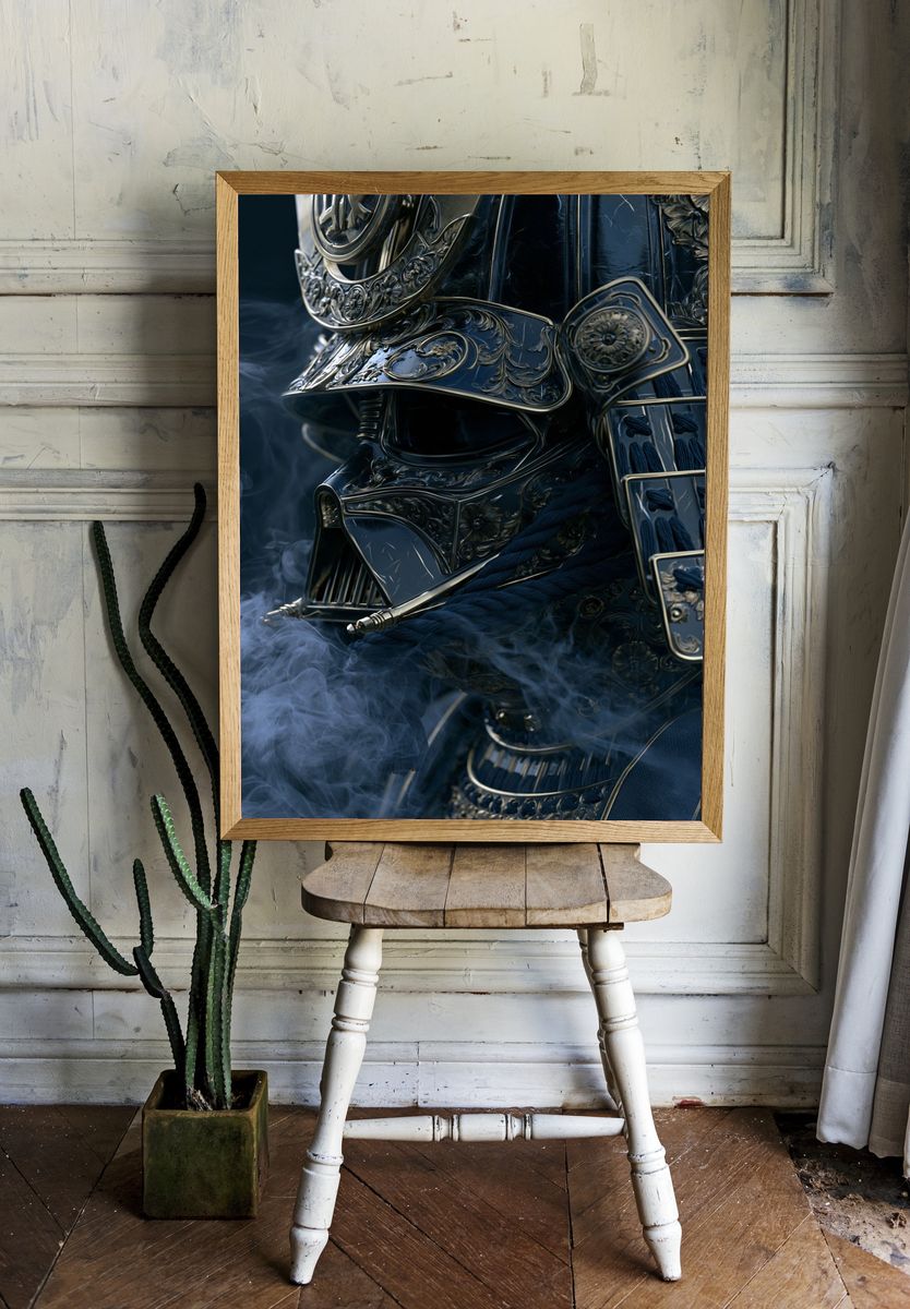 Ornate Samurai Helmet Illustration Print. — room view 1