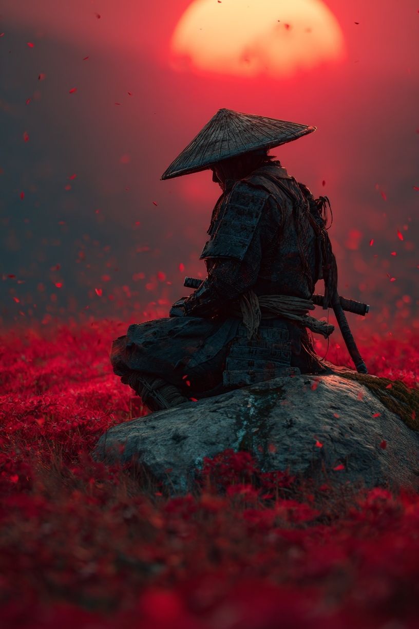 Samurai at Sunset — Digital Art Print. poster — illustration art