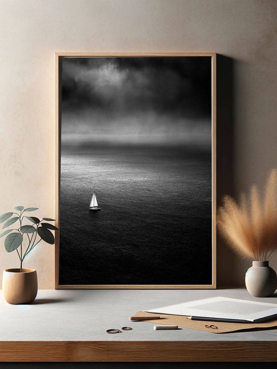 Solitary Sailboat Black-White Poster. — room view 2