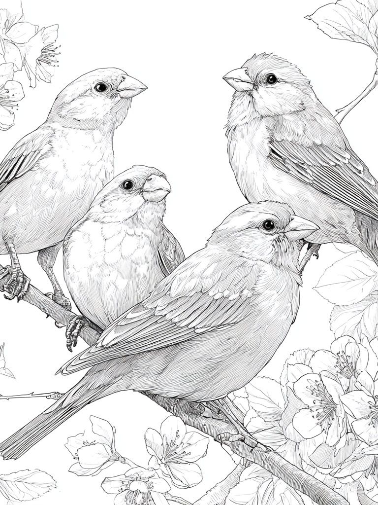 Songbirds and Blossoms Line Art Poster. poster — animals art