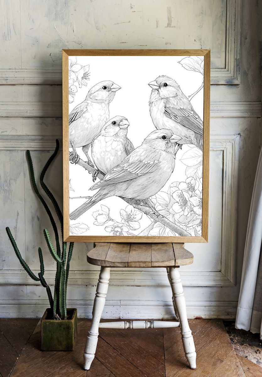 Songbirds and Blossoms Line Art Poster room preview